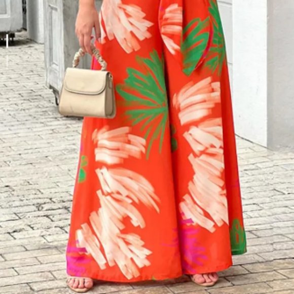 Women's Printed V-neck Lantern Sleeve Short Shirt, High Waist Wide-leg Pants Two - Picture 2 of 3